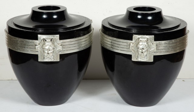 Pair of Black Lacquered and Silver Painted Composition Vases