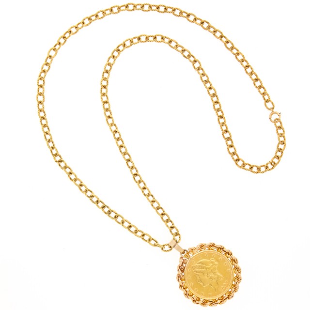 Gold Coin Pendant with Long Gold Chain Necklace