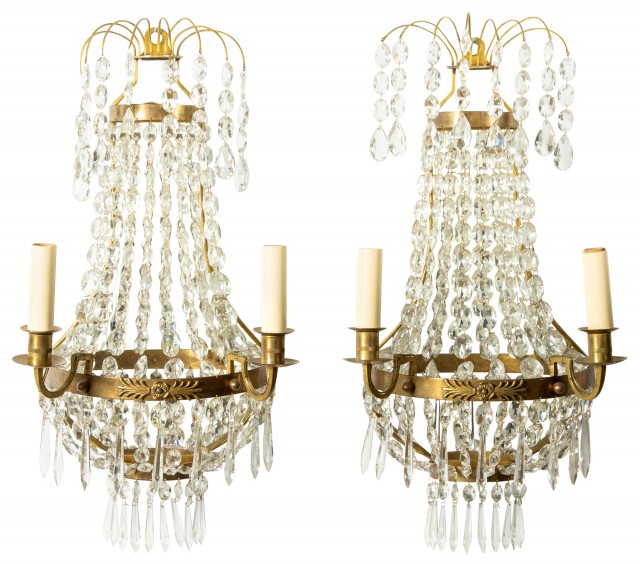 Pair of Louis XVI Style Gilt-Metal and Beaded Glass Mirror-Back Two-Light Sconces