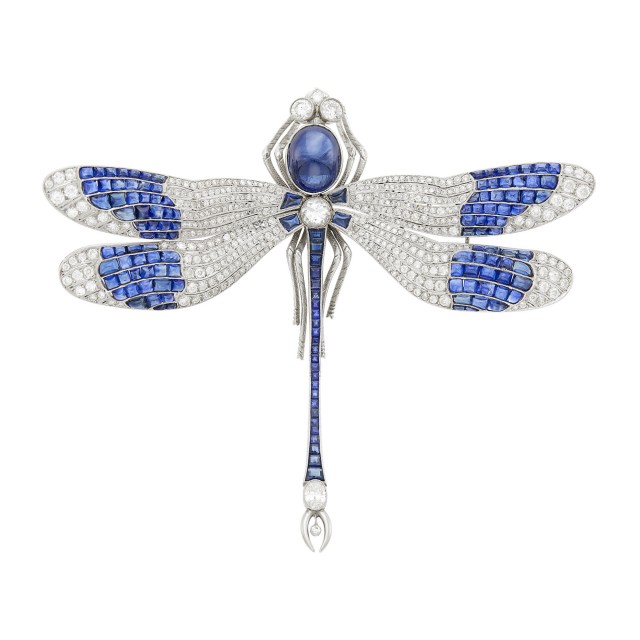 Platinum, Gold, Cabochon Sapphire and Diamond Dragonfly Brooch