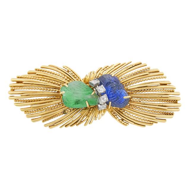 Two-Color Gold, Carved Emerald and Sapphire and Diamond Brooch