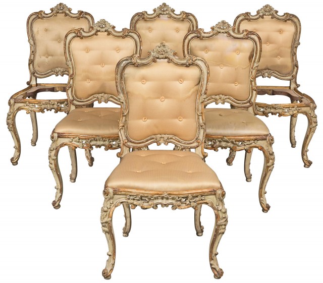 Set of Six Continental Rococo Painted and Parcel-Gilt Side Chairs
