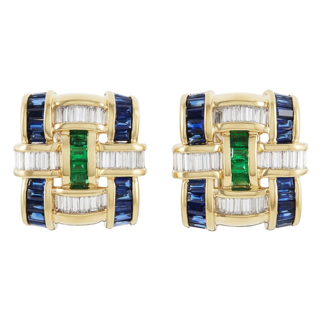 Pair of Gold, Diamond, Emerald and Sapphire Earrings, Krypell