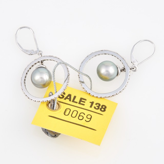 Two Diamond and Bead Earrings, 14K 4 dwt. all