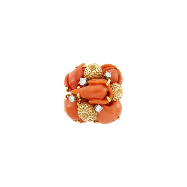 Seaman Schepps Gold, Carved Coral and Diamond Ring