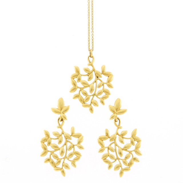 Tiffany and Co., Paloma Picasso Pair of Gold 'Olive Leaf' Pendant-Earrings and Pendant with Chain Necklace