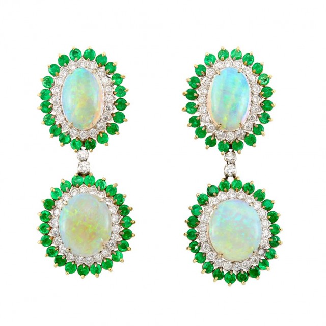 Pair of Two-Color Gold, Opal, Emerald and Diamond Pendant-Earclips
