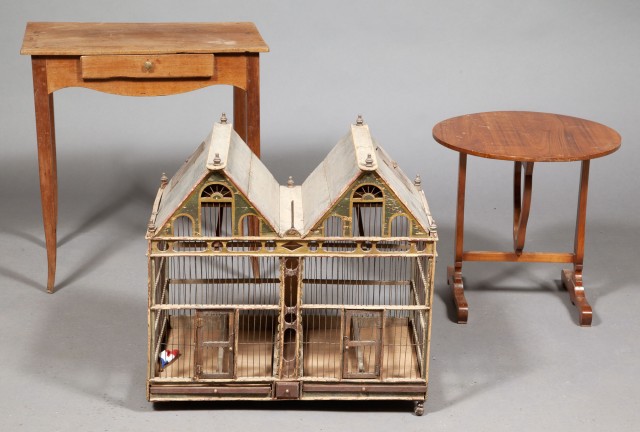 Continental Fruitwood Occasional Table, Continental Drop-Leaf Trestle Table and a Continental Painted Wood and Metal Bird Cage