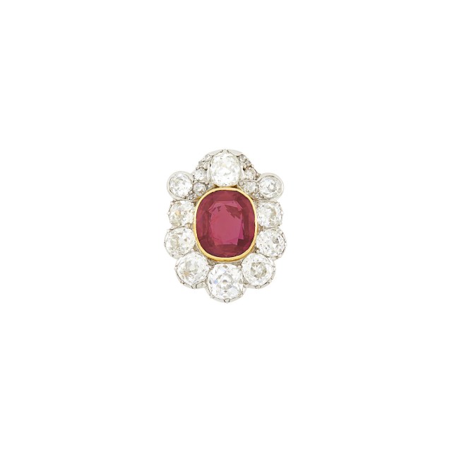 Antique Platinum, Gold, Ruby and Diamond Clip