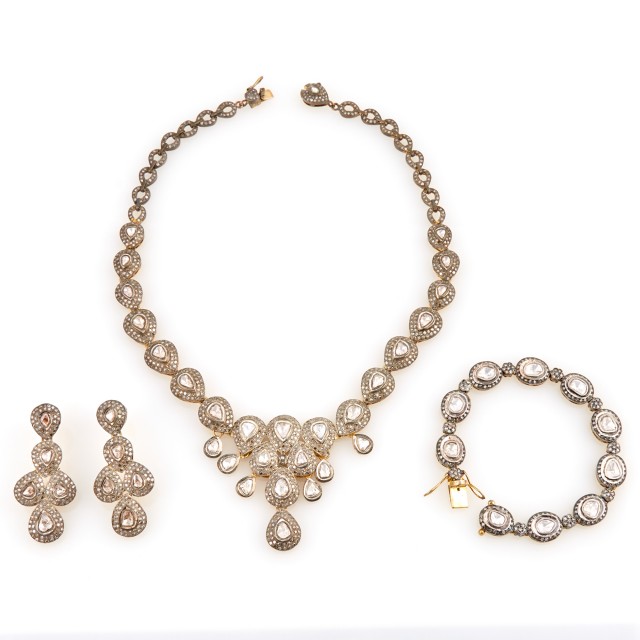 Diamond and Rose Diamond Necklace, Flexible Bracelet and Two Earrings, 1544 diamonds about 11.50    cts., 14K and Silver 71 dwt. all, s