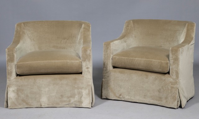 Pair of Velvet Uphlolstered Swivel Club Chairs