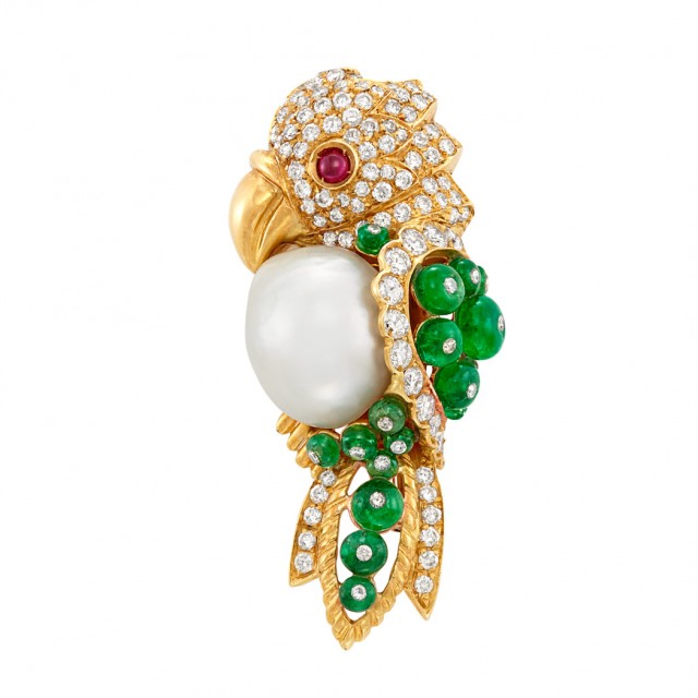 Gold, Semi-Baroque South Sea Cultured Pearl, Emerald Bead, Diamond and Cabochon Ruby Bird Clip-Brooch
