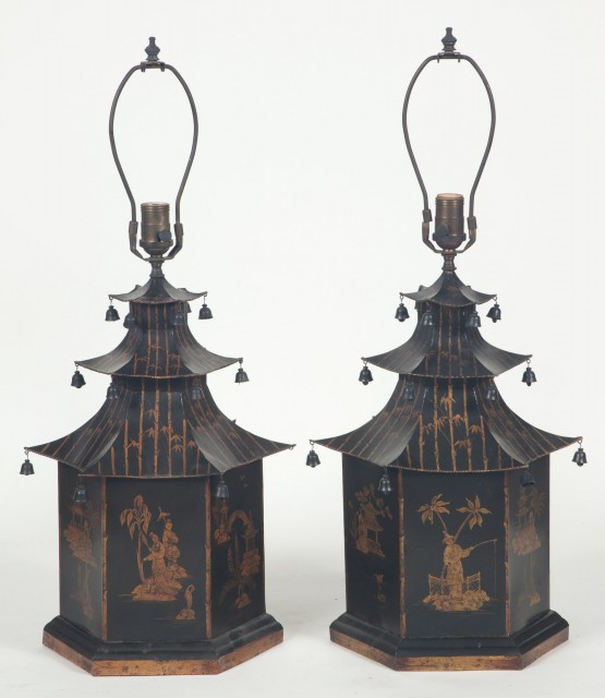 Pair of Chinoiserie Decorated Tole Peinte Table Lamps