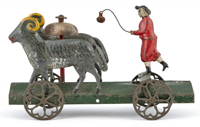 Woman and Two Rams Tin Bell Toy