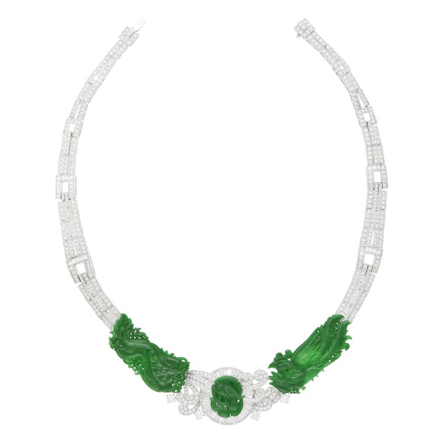 White Gold, Carved Jade and Diamond Necklace