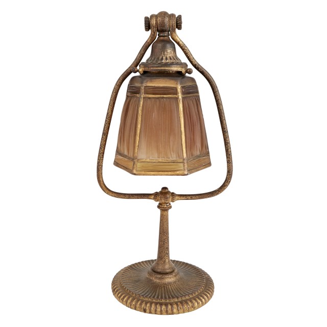 Tiffany Studios Gilt-Bronze and Favrile Glass Linenfold Harp Desk Lamp