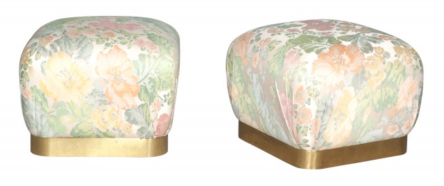Two Karl Springer Brass and Upholstered Soufflé Ottomans