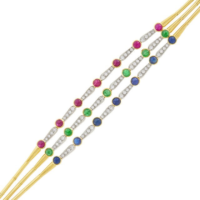 Triple Strand Two-Color Gold, Cabochon Gem-Set and Diamond Bracelet