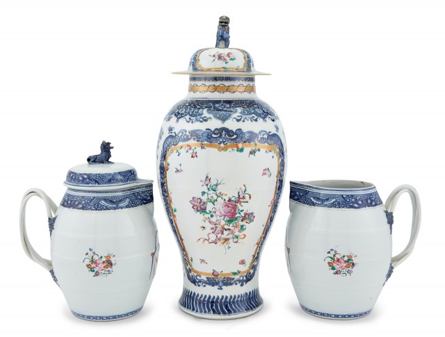 Two Chinese Export Porcelain Cider Jugs and a Covered Baluster Vase