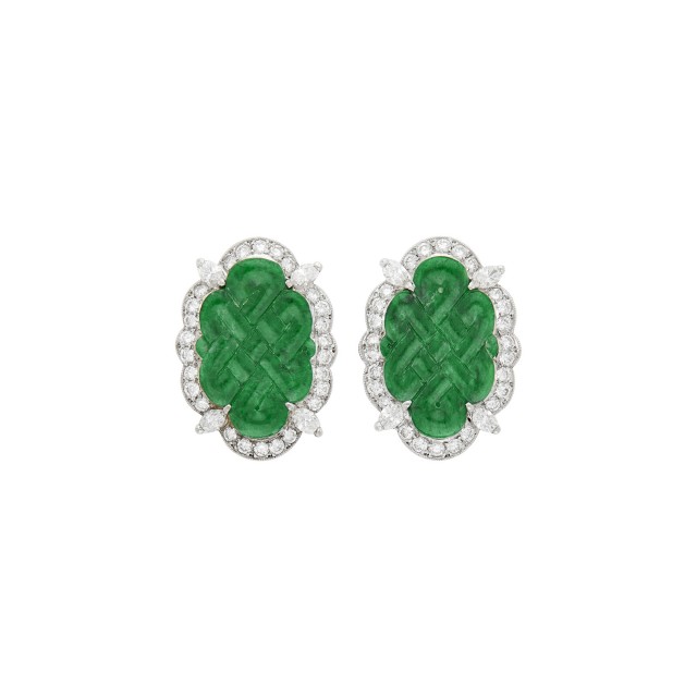 Pair of White Gold, Carved Jade and Diamond Earclips