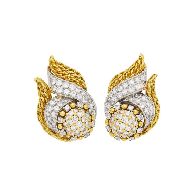 Jacques Lacloche Jr. Pair of Gold, Platinum and Diamond Earclips, France