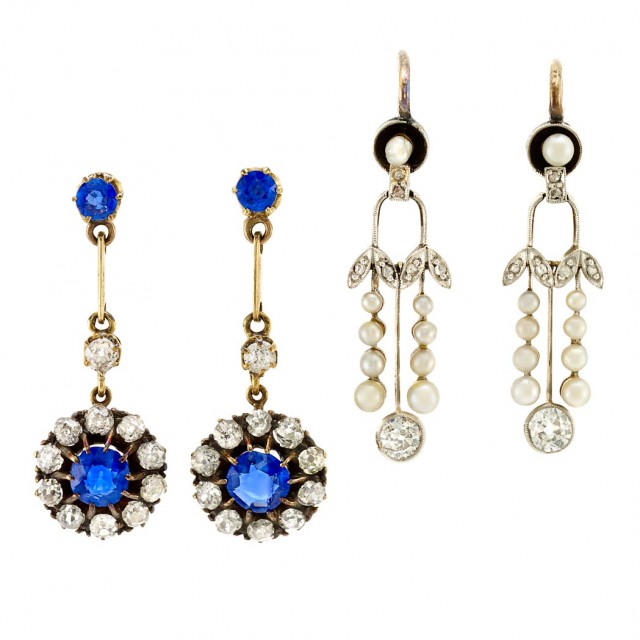 Pair of Antique Sapphire and Diamond Pendant-Earrings and Edwardian Diamond and Button Pearl Pendant-Earrings