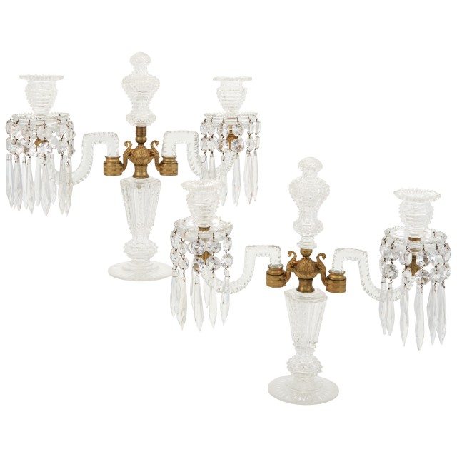 Pair of Regency Style Gilt Brass and Cut Glass Two-Light Girandole Candelabra
