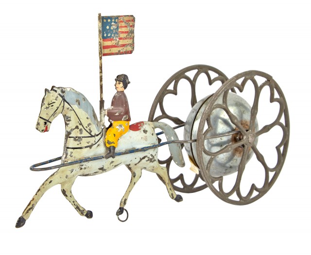 Patriotic Rider with Chime Bell Tin and Cast Iron Toy