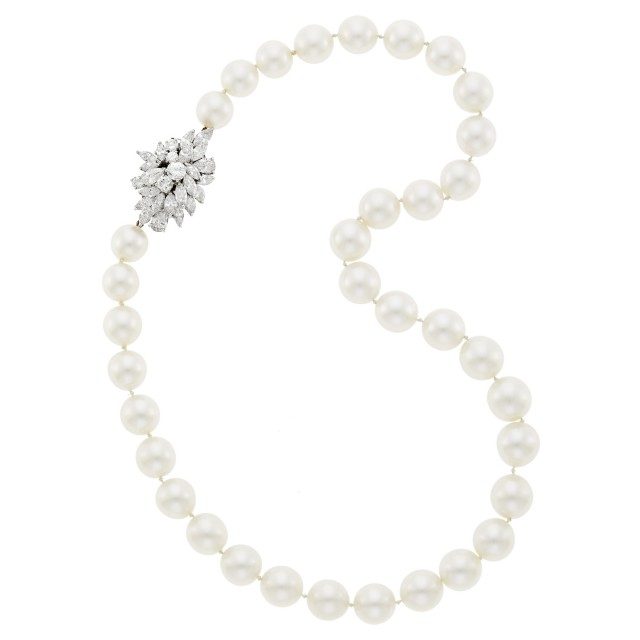 South Sea Cultured Pearl Necklace with White Gold and Diamond Cluster Clasp