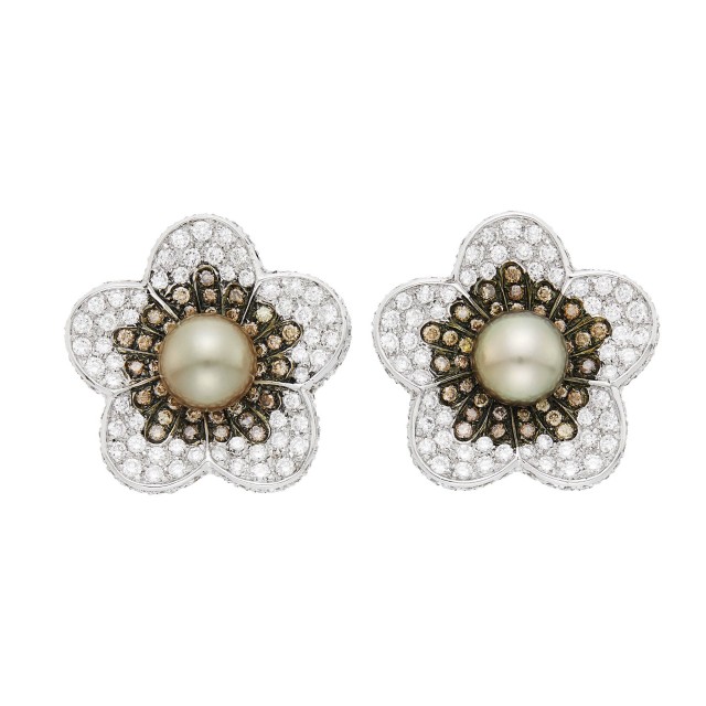 Pair of Two-Color Gold, Gray Cultured Pearl, Colored Diamond and Diamond Flower Earclips