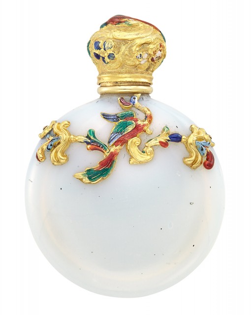 Enameled Gold-Mounted Milk Glass Scent Bottle