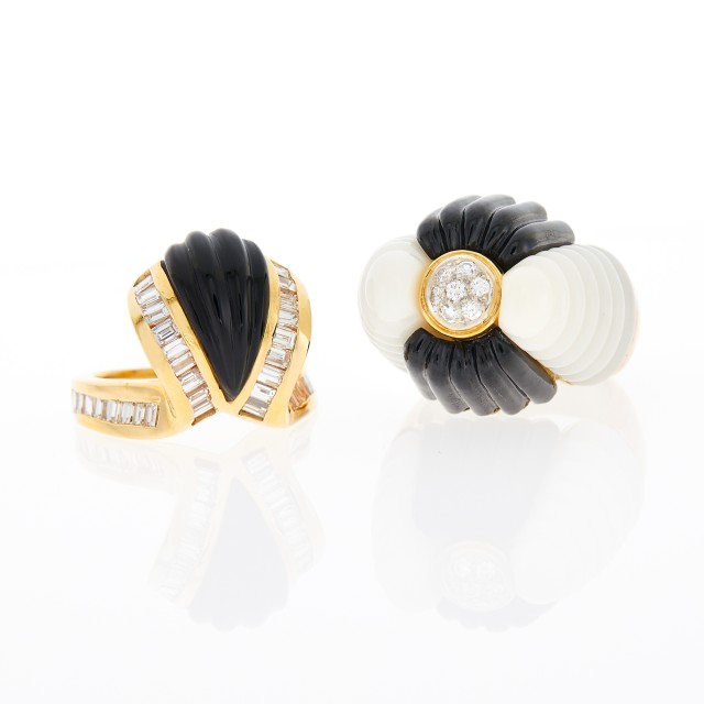 Two Gold, Carved Black and White Onyx and Diamond Rings