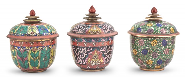 Three Thai-Market Bencharong Jars and Covers