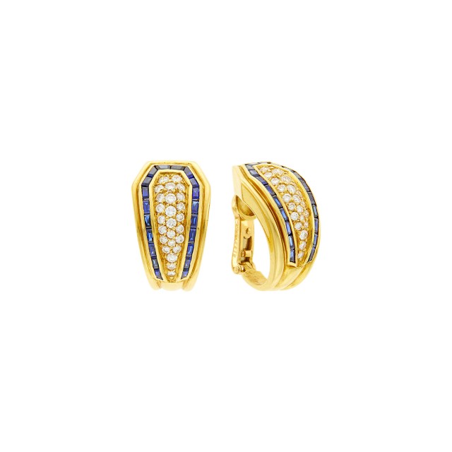 Boucheron Pair of Gold, Diamond and Sapphire Earclips, France
