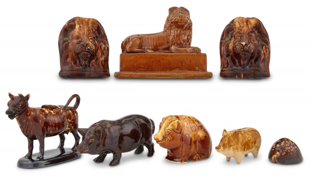 Eight Rockingham Glazed Pottery Items