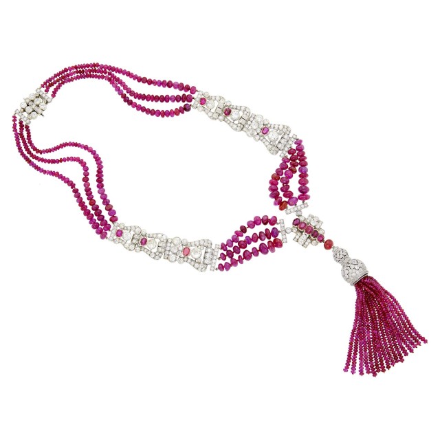 Tiffany and Co. Triple Strand Ruby Bead, White Gold, Platinum, Diamond and Ruby Tassle Necklace, France