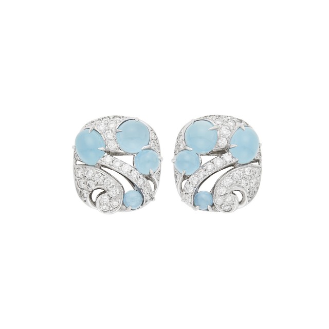 Seaman Schepps Pair of White Gold, Cabochon Aquamarine and Diamond Earclips