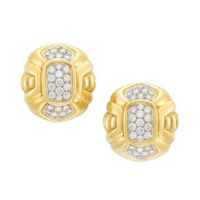 Pair of Two-Color Gold and Diamond Earclips