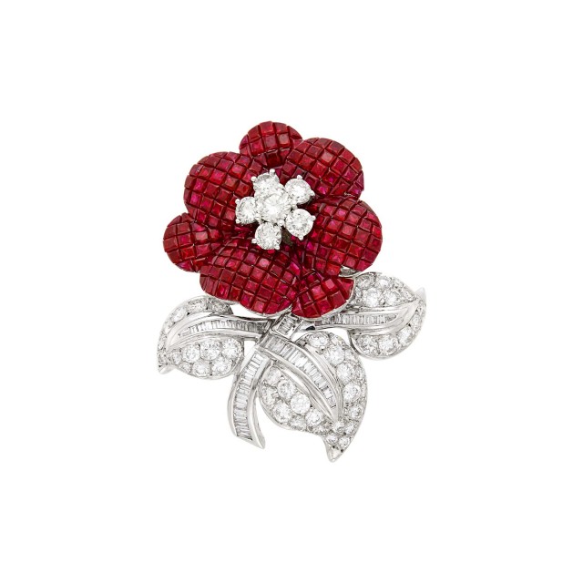 White Gold, Invisibly-Set Ruby and Diamond Flower Clip-Brooch