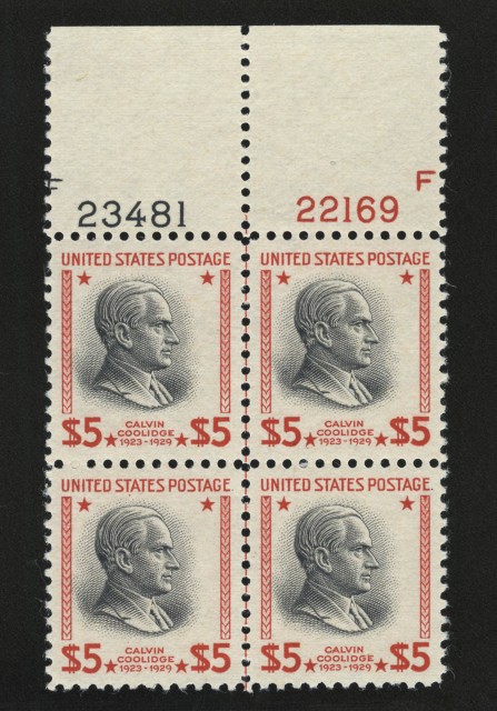 United States 1938 $5 Presidential Plate Block