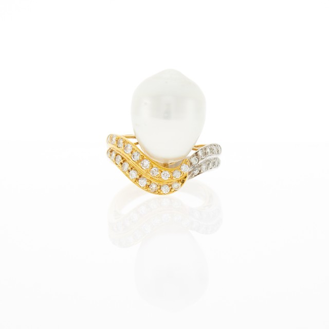 Two-Color Gold, Diamond and Baroque Cultured Pearl Ring
