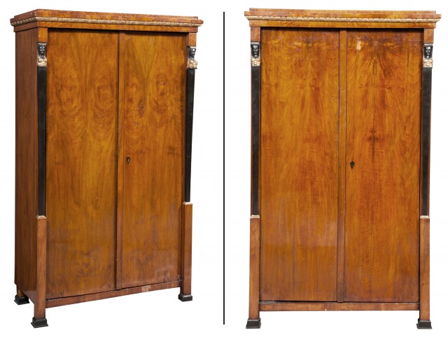 Pair of Austrian Neoclassical Black Walnut, Ebonized and Parcel-Gilt Cabinets
