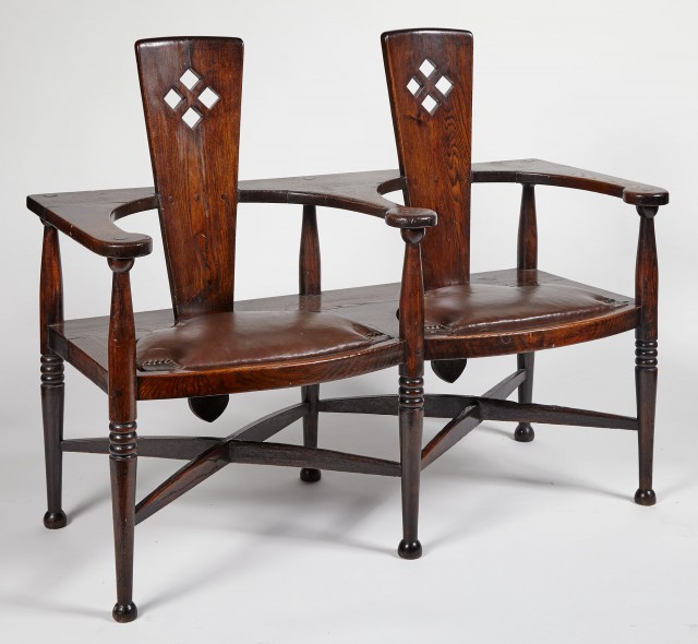 Arts and Crafts Oak and Leather Double Chair-Form Settee