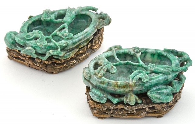Pair of Chinese Jadeite Brushwashers on Giltwood Stands