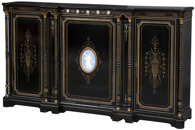 English Aesthetic Movement Ebonized, Gilt-Metal, Wedgwood Plaque-Mounted and Parcel-Gilt Cabinet