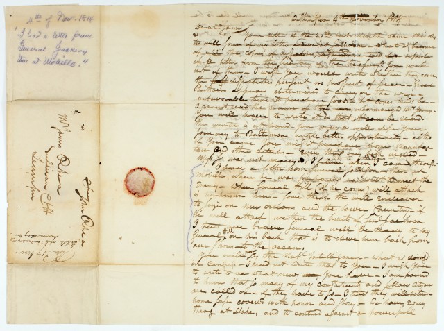 [WAR of 1812]  RHEA, JOHN. Letter from the Tennessee Congressman to his Brother James relaying news from General Jackson.