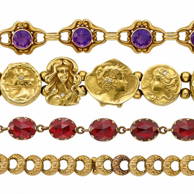 Four Antique and Art Nouveau Gold, Silver Gilt, Diamond, Enamel, Garnet and Amethyst Bracelets