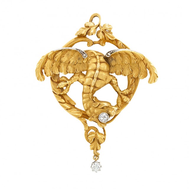Antique Gold, Platinum and Diamond Griffin Pendant-Brooch