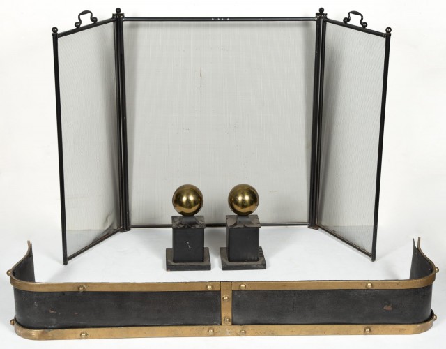 Art Deco Bronze and Iron Fire Fender; Together with a Pair of Brass and Painted Metal Ball Andirons and a Black Painted Spark Screen