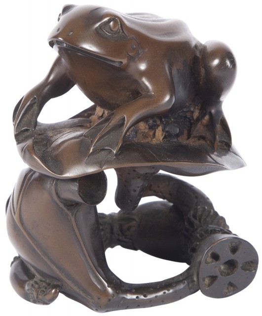 Japanese Boxwood Okimono of a Frog on a Lotus Leaf